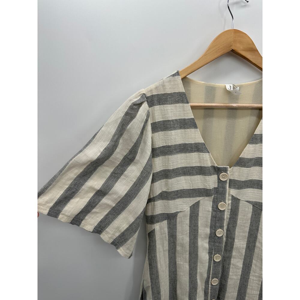 L Love Dress Women Medium Gray Cream Striped Button Down Midi Lagenlook‎ Minimal - Picture 3 of 7